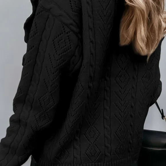 Black Ruffled Buttoned Open Front Knitted Sweater - Picture 4 of 16